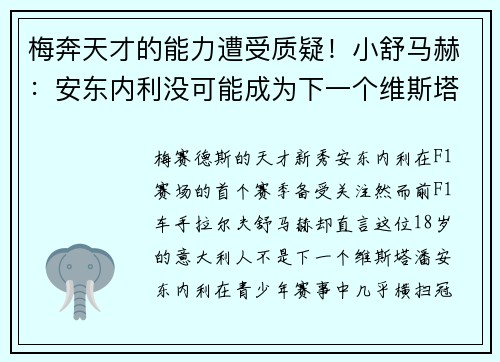 梅奔天才的能力遭受质疑！小舒马赫：安东内利没可能成为下一个维斯塔潘